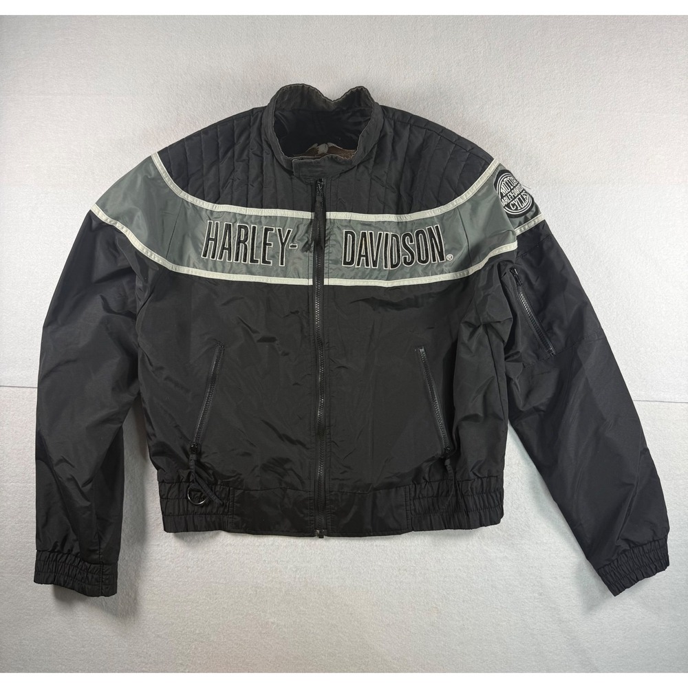 Vintage Harley Davidson Racing Jacket Mens Medium Black Grey Nylon Bomber USA